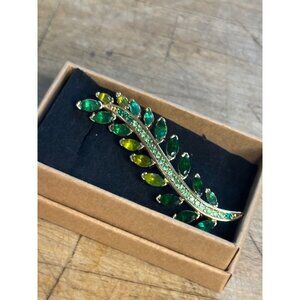 Gold Leaf-Shaped Brooch With Green & Yellow Gemstones
